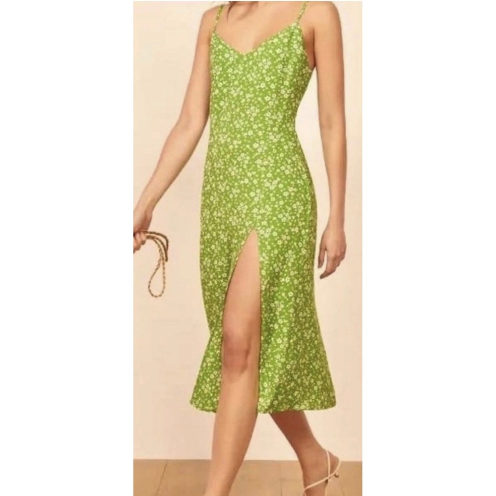 Reformation Midi Dress Womens 2‎ Green Floral Juliette Slit Summer Wedding Guest